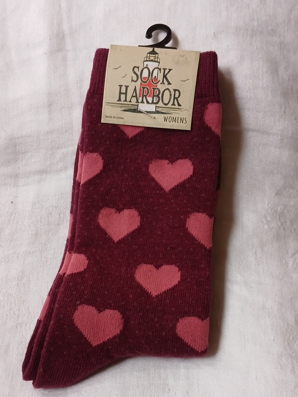 SOCK HARBOR Burgandy With Pink Hearts Women's Socks Fits Shoe Sizes 4-10